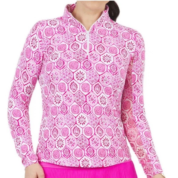 IBKUL Tops - IBKÜL Terra Golf Shirt Pink Print Long Sleeve Mock Neck Size Small